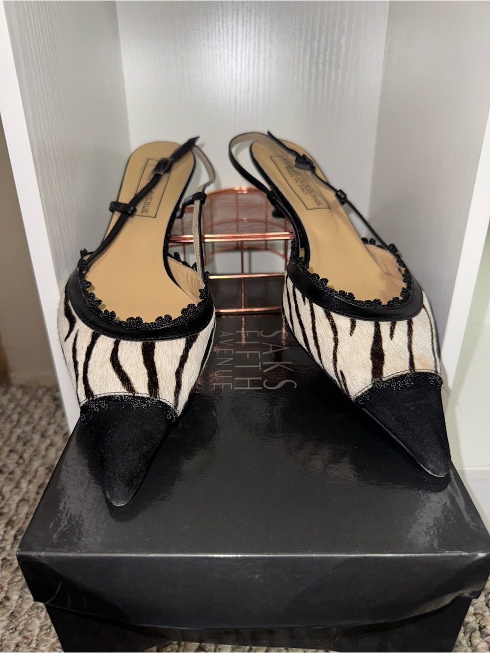 Saks Fifth Avenue Pointed Slingback Pumps in Black and White Zebra Print Mules